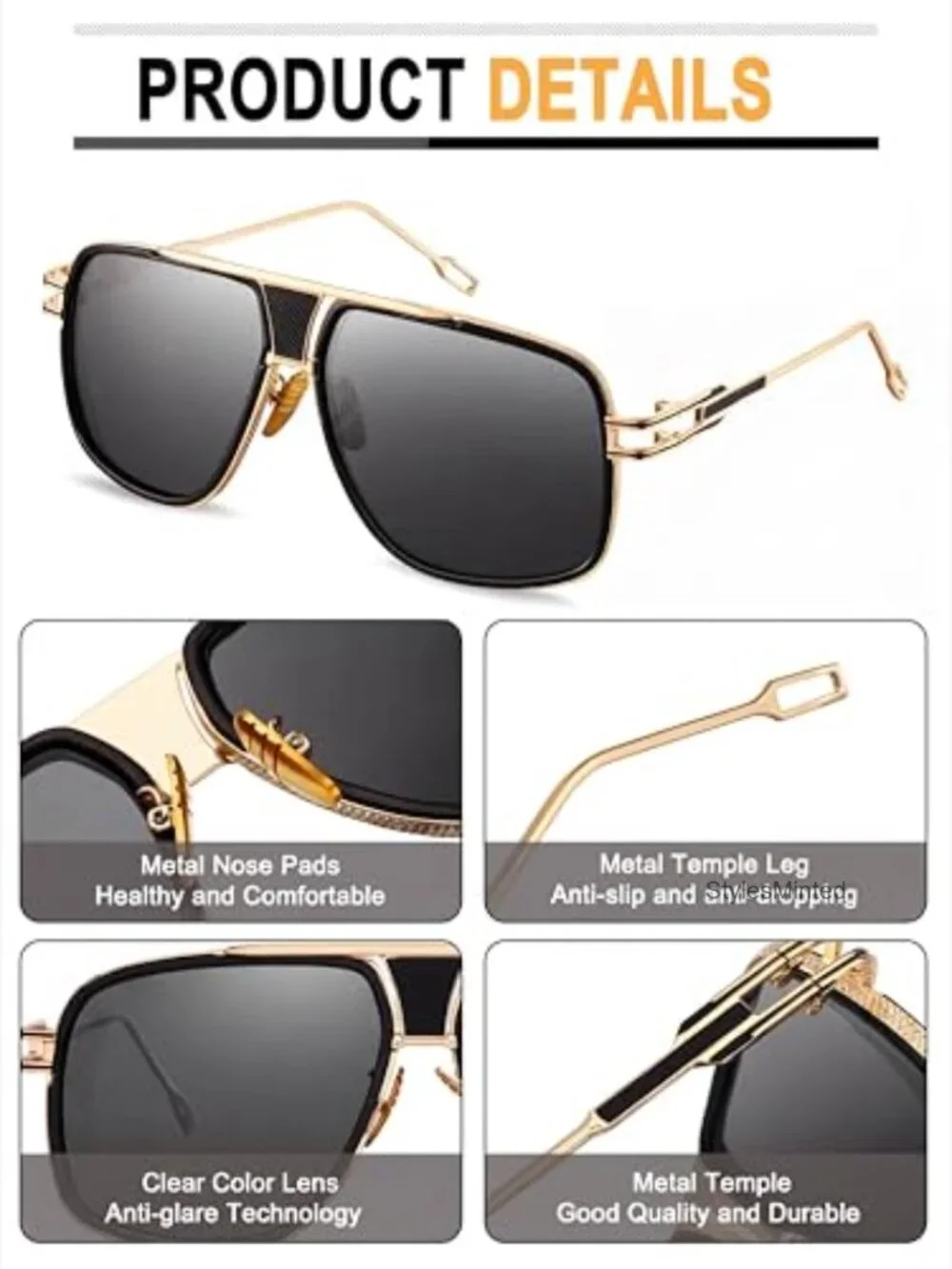 Oversized Retro Square Sunglasses for Men - 3 Pair Set Gold Metal Frame UV